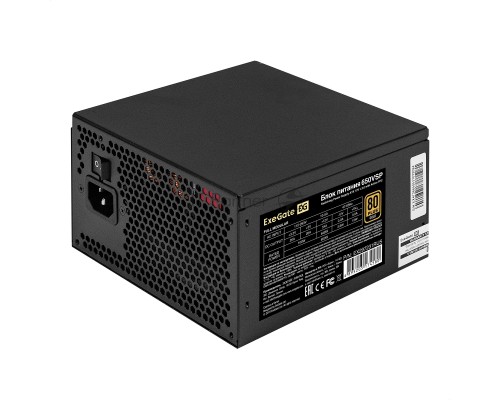 Блок питания 650W ExeGate 80 PLUS® GOLD 650VSP FС (ATX3.0, APFC, КПД 90% (80 PLUS Gold), 120mm fan, 24pin, 2x(4+4)pin, PCIE5.0/12VHPWR, 2xPCI-E, 6xSATA, 3xIDE, 1xFDD, Full Cable Management, black, Color box)