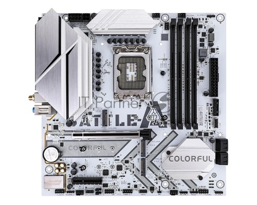Материнская плата Colorful BATTLE-AX B760M-WHITE WIFI V20, LGA 1700, Intel B760, 4xDDR4, 4xSATA, 3xM.2, 1xPCI-E 5.0 x16, 1xPCI-E x4, 1xHDMI, 1xDisplayPort, 1x2.5Gb LAN, 4xUSB-A 2.0, 2xUSB 3.2 Gen 1, 1xUSB 3.2 Gen 2 Type-C, 3x3.5 мм, 5.1, mATX