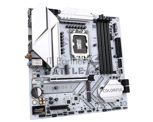 Материнская плата Colorful BATTLE-AX B760M-WHITE WIFI V20, LGA 1700, Intel B760, 4xDDR4, 4xSATA, 3xM.2, 1xPCI-E 5.0 x16, 1xPCI-E x4, 1xHDMI, 1xDisplayPort, 1x2.5Gb LAN, 4xUSB-A 2.0, 2xUSB 3.2 Gen 1, 1xUSB 3.2 Gen 2 Type-C, 3x3.5 мм, 5.1, mATX