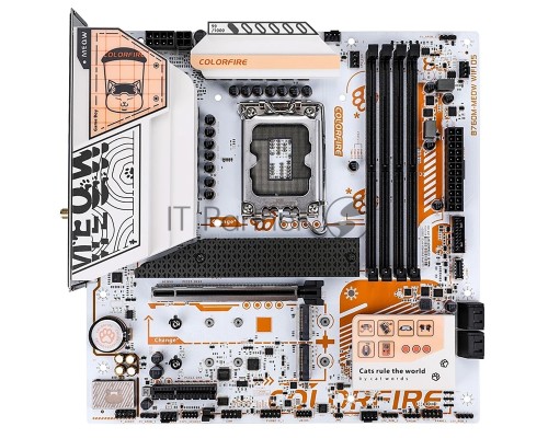 Материнская плата Colorful COLORFIRE B760M-MEOW WIFI D5 ORANGE, LGA 1700, Intel B760, 4xDDR5, 4xSATA, 3xM.2, 1xPCI-E 5.0 x16, 1xHDMI, 1xDisplayPort, 1x2.5Gb LAN, 2xUSB 3.2 Gen 1, 4xUSB 2.0, 1xUSB 3.2 Gen 2 Type-C, 3x3.5 мм, 5.1, Micro-ATX
