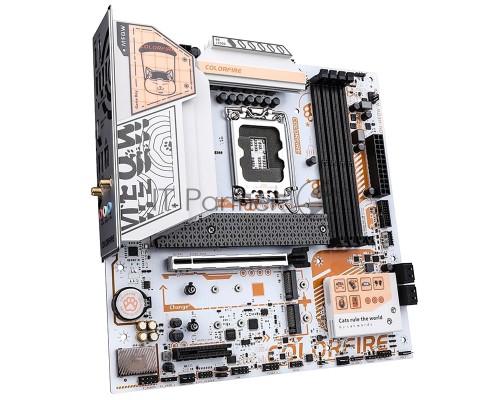 Материнская плата Colorful COLORFIRE B760M-MEOW WIFI D5 ORANGE, LGA 1700, Intel B760, 4xDDR5, 4xSATA, 3xM.2, 1xPCI-E 5.0 x16, 1xHDMI, 1xDisplayPort, 1x2.5Gb LAN, 2xUSB 3.2 Gen 1, 4xUSB 2.0, 1xUSB 3.2 Gen 2 Type-C, 3x3.5 мм, 5.1, Micro-ATX