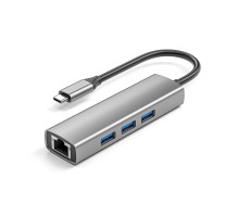 ORIENT JK-341N, Type-C разветвитель-сетевая карта USB 3.2 Gen1 (5 Гбит/c), порты: 3xUSB-A + RJ45 Gigabit Ethernet, RTL8153, 100/1000 Мбит/с, кабель USB Type-C, алюминиевый корпус, серебристый (33309)