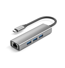 ORIENT JK-341N, Type-C разветвитель-сетевая карта USB 3.2 Gen1 (5 Гбит/c), порты: 3xUSB-A + RJ45 Gigabit Ethernet, RTL8153, 100/1000 Мбит/с, кабель USB Type-C, алюминиевый корпус, серебристый (33309)