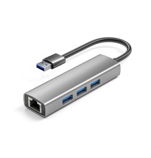 ORIENT JK-340N, разветвитель-сетевая карта USB 3.2 Gen1 (5 Гбит/c), порты: 3xUSB-A + RJ45 Gigabit Ethernet, RTL8153, 100/1000 Мбит/с, кабель USB Type-A, алюминиевый корпус, серебристый (33308)