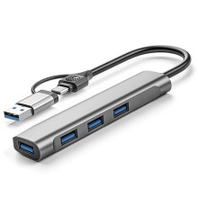 ORIENT CU-423AC, разветвитель USB 3.2 Gen1 (5 Гбит/c), порты: 4xUSB-A, кабель USB Type-C + адаптер Type-A, алюминиевый корпус, серебристый (33312)