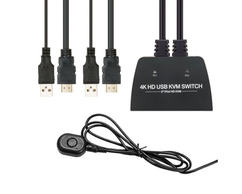 [переходник] ORIENT HS21HC, HDMI KVM переключатель на 2 устройства, порты HDMI + 2xUSB (клавиатура+мышь) + 2xUSB 2.0, поддержка 4K@60Hz, встроенные кабели 2xHDMI+2xUSB2.0 1.2 метра, (33330)
