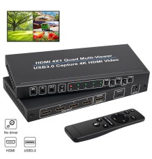 ORIENT HS0401QMV-HVC, HDMI переключатель-квадратор 4->1 с видеозахватом, 4 режима отображения, вход/выход 4K/30Гц,, HDMI 1.4, HDCP1.2, порт USB 3.0 Type-C (4K video capture output), (33282)