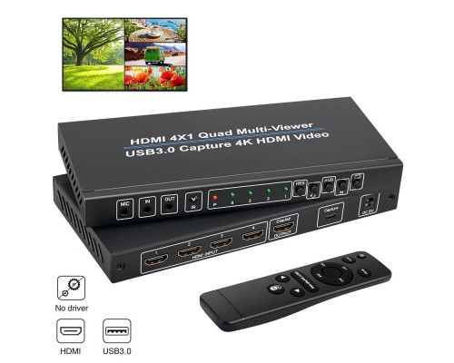 [переходник] ORIENT HS0401QMV-HVC, HDMI переключатель-квадратор 4->1 с видеозахватом, 4 режима отображения, вход/выход 4K/30Гц,, HDMI 1.4, HDCP1.2, порт USB 3.0 Type-C (4K video capture output), (33282)
