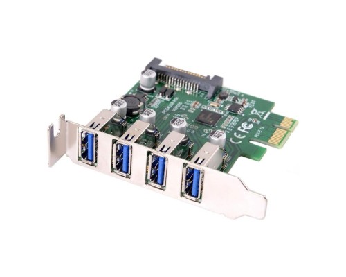 [Контроллер] ORIENT VA-3U4PELP, Контроллер PCI-Ex1, USB 3.2 Gen1 (USB 3.0), скорость до 5 Гбит/с, 4-port ext, VIA VL805 chipset,  Low Profile, разъем доп.питания, oem (33295)    