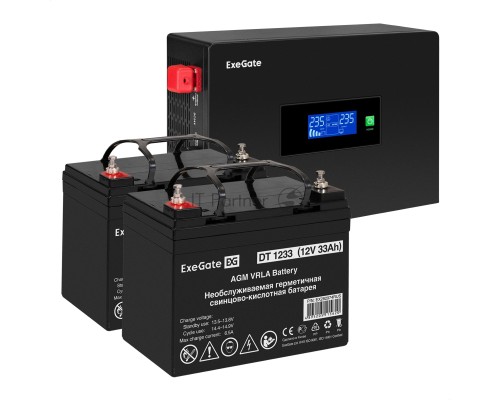 Комплект ИБП EX295994RUS + батарея 33Aч EX282974RUS 2шт (инвертор, синус, для котла, PF=1, настенный) ExeGate IdealSine SR-1500.LCD.2SH <1500VA/1500W, чистая синусоида, цветной LCD-дисплей, 2*Schuko, крепление настенное, Black> + батарея ExeGate DT 1233 