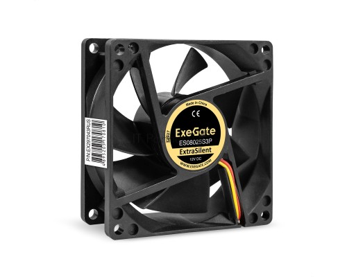 Вентилятор 12В DC ExeGate ExtraSilent ES08025S3P (80x80x25 мм, Sleeve bearing (подшипник скольжения), 3pin, 2100RPM, 21dBA)