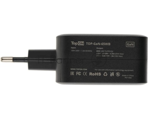 Блок питания TopON TOP-GaN-65WB автоматический 65W 5V-20V 3.25A 2xUSB от бытовой электросети LED индикатор