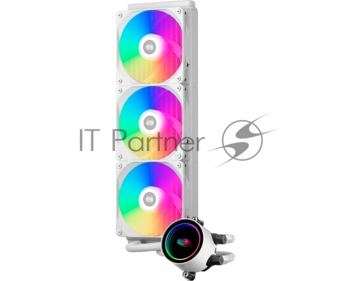 Система охлаждения/ PCCooler DA360 ARGB WH (280W, 360mm, White, ARGB/ Fans: 3x120mm, 72.1CFM, 33.8dBA, 1800RPM/ Pump height 55mm, 28dBA, 3000RPM, Rad thickness 27mm/ S: 1851, 1700, 1200, 20XX, 115X, AM5, AM4)