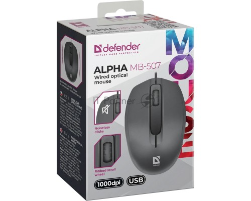 Мышь проводная Defender Alpha MB-507 черный, 1000 dpi, USB, кнопки - 3