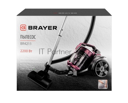 Пылесос BRAYER BR4211 черный/бордовый, 400/2200 Вт, уборка сухая, пылесборник контейнер, 3 л