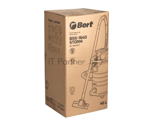 Пылесос для сухой и влажной уборки Bort BSS-1640-STORM, бак 40л, 1600 Вт,  шланг 3м, всасывание 270Вт, Уровень шума 78 дБ, Вес 6.9 кг, Напряжение 220В, аксессуаров 12 шт, гарантия 2 г 93417517