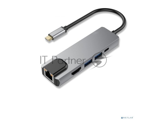 Bion Мульти переходник USB Type-C - USB Type-C/2*USB-A 3.0/HDMI/RJ-45 1000мб/с, 60W, алюминиевый корпус, длинна кабеля 10 см [BXP-A-USBC-MULTI-03]