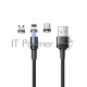 Кабель USB REXANT 18-7076 3в1 со съемными магнитными портами, Type-С (2A), Lightning (2,4A), Micro USB (2A), 1,2м, в черной оплетке, с LED подсветкой