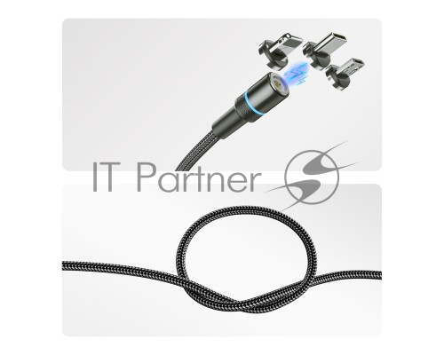Кабель USB REXANT 18-7076 3в1 со съемными магнитными портами, Type-С (2A), Lightning (2,4A), Micro USB (2A), 1,2м, в черной оплетке, с LED подсветкой