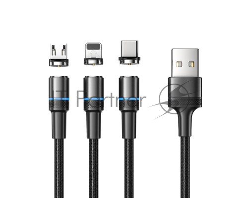 Кабель USB REXANT 18-7076 3в1 со съемными магнитными портами, Type-С (2A), Lightning (2,4A), Micro USB (2A), 1,2м, в черной оплетке, с LED подсветкой