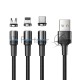 Кабель USB REXANT 18-7076 3в1 со съемными магнитными портами, Type-С (2A), Lightning (2,4A), Micro USB (2A), 1,2м, в черной оплетке, с LED подсветкой