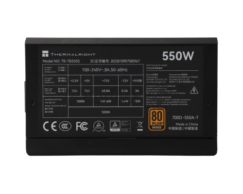 Блок питания Thermalright TR-TB550S, 550W 80+ Bronze (ATX, 3, Non-modular, 1x24(20+4)pin 550mm, 1xCPU*2 8(4+4)pin 600+150mm, 1xPCIe 8(6+2)pin 450mm, 1xSATA*3+MOLEX4pin*1 400+150+150+150mm, 1xSATA*2+MOLEX4pin*2 400+150+150+150mm, Active, 120x120mm, 150x14