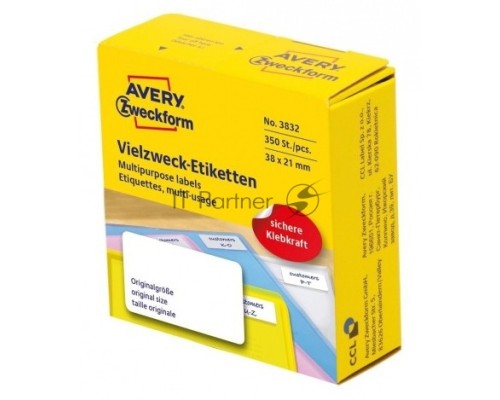 Этикетки Avery Zweckform 3832 38x21мм 350шт на листе/70г/м2/белый самоклей. универсальная (упак.:1рул)