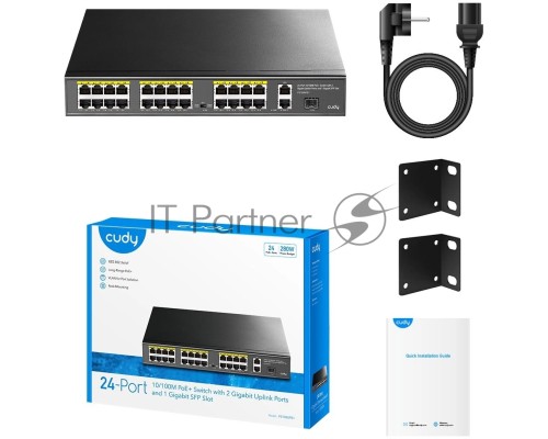 Коммутатор Cudy FS1026PS1, (L2) 24x100Мбит/с 2x1Гбит/с, 1SFP, 24PoE, 24PoE+ 300W, неуправляемый