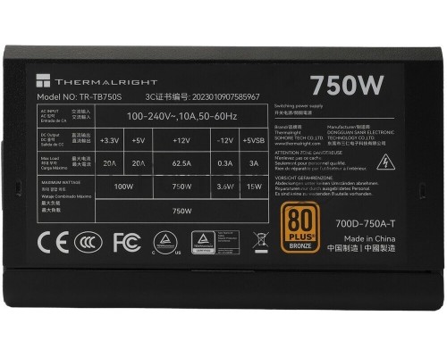 Блок питания Thermalright TR-TB750S, 750W 80+ Bronze (ATX, 3, PCIe 5.0, Non-modular, 1x24(20+4)pin 550mm, 1xCPU*2 8(4+4)pin 600+150mm, 1xPCIe*2 8(6+2)pin 500+150mm, 1x12VHPWR PCIe 5.0 12+4pin 600mm, 1xSATA*3+MOLEX4pin*1 400+150+150+150mm, 1xSATA*2+MOLEX4