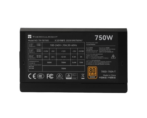 Блок питания Thermalright TR-TB750S, 750W 80+ Bronze (ATX, 3, PCIe 5.0, Non-modular, 1x24(20+4)pin 550mm, 1xCPU*2 8(4+4)pin 600+150mm, 1xPCIe*2 8(6+2)pin 500+150mm, 1x12VHPWR PCIe 5.0 12+4pin 600mm, 1xSATA*3+MOLEX4pin*1 400+150+150+150mm, 1xSATA*2+MOLEX4
