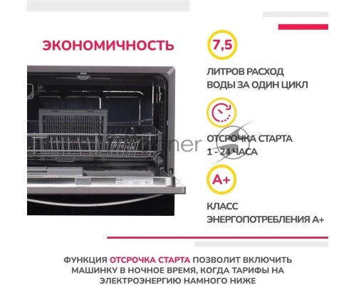 Посудомоечная машина Simfer DBB6501, компактная, настольная, 55см, загрузка 6 комплектов, черный