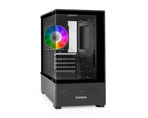 [Корпуса] Exegate EX298221RUS Корпус Minitower ExeGate i3 SEA (mATX, без БП, 1*USB+1*USB3.0, HD аудио, черный, 1 вент. 12см с RGB подсветкой, передняя и боковая панели - закаленное стекло)