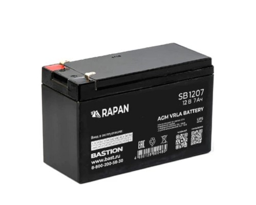 [Скат ] АКБ БАСТИОН RAPAN SB 1207 AGM 12V 7Ач I зар.2,1А, ножевые клеммы F1, гарантия 1 год (9163)