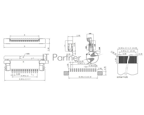 Разъем FPC  Half Coverage Bottom Contact 0.8K-BX-16PWB 16 pin высота 2мм шаг 0,8мм