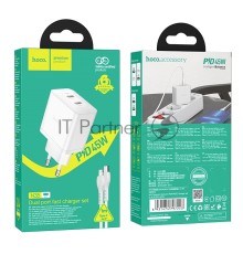 Блок питания (сетевой адаптер) HOCO N35 Streamer dual-port PD45W(2 Type-С)+Lightning 1м,белый