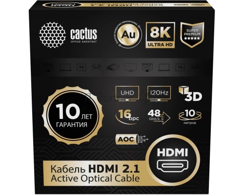 Кабель аудио-видео Cactus CS-HDMI-AOC-2.1-10 HDMI (m)/HDMI (m) 10м. позолоч.конт. черный