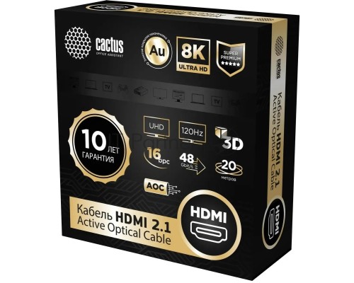 Кабель аудио-видео Cactus CS-HDMI-AOC-2.1-20 HDMI (m)/HDMI (m) 20м. позолоч.конт. черный