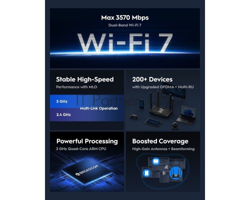 Маршрутизатор Cudy BE3600 Gigabit Dual Band Wi-Fi 7 Mesh Router, Chipset Broadcom, 802.11be/ax/ac/a/b/g/n, 2882Mbps at 5GHz + 688Mbps at 2.4GHz, 5 x 10/100/1000Mbps Ports, 4 x 5dBi fixed antennas, WiFi router/AP/ Repeater/WISP Mode, PPTP/L2TP/OpenVPN/Wir