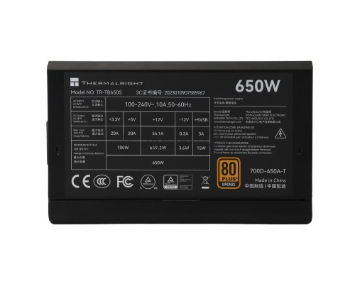 Блок питания Thermalright TR-TB650S 650W 80+ Bronze (ATX, 3, Non-modular, 1x24(20+4)pin 550mm, 1xCPU*2 8(4+4)pin 600+150mm, 1xPCIe*2 8(6+2)pin 500+150mm, 1xSATA*3+MOLEX4pin*1 400+150+150+150mm, 1xSATA*2+MOLEX4pin*2 400+150+150+150mm, Active, 120x120mm, 1
