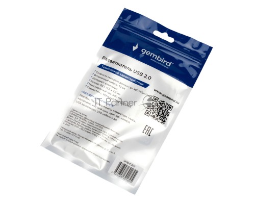 Разветвитель USB2.0 Gembird UHB-C203, 4xUSB2.0, кабель USB 10см, алюминий, пакет