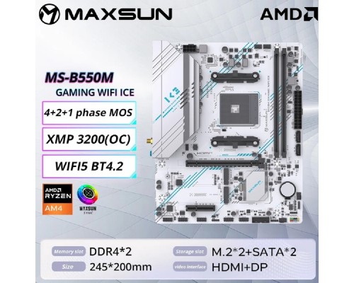 [Материнская плата] MAXSUN MS-B550M GAMING WIFI ICE (Socket AM4, mATX, 4*DDR4(64Gb), DP/HDMI,  3*SATA3, 2*M.2,  1*PCIEx16/1*PCIEx4, 4*USB2.0, 2*USB 3.0, LAN 1*1G, Bluetooth,  Wi-Fi 802.11ac, RTL)