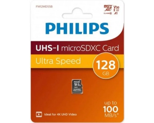 [Карта памяти ] Micro SecureDigital 128GB Philips High Speed  microSDHC Class UHS-I U3, V30, A1, 100MB/s (FM12MD55B/97)