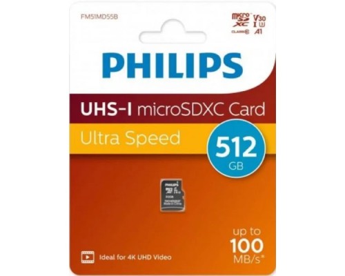[Карта памяти ] Micro SecureDigital 512GB Philips High Speed  microSDHC Class UHS-I U3, V30, A1, 130MB/s