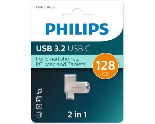 [Носитель информации] PHILIPS USB Drive 128GB 2-in-1 USB 3.2 USB C, OTG, USB 3.2/Type-C, Металл, 100 MB/s