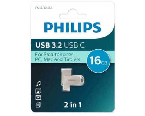 [Носитель информации] PHILIPS USB Drive 16GB  2-in-1 USB 3.2 USB C, OTG, USB 3.2/Type-C, Металл, 100 MB/s