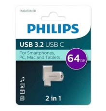 PHILIPS USB Drive 64Gb PHILIPS 2-in-1 USB 3.2 USB C, OTG, USB 3.2/Type-C, Металл, 100 MB/s