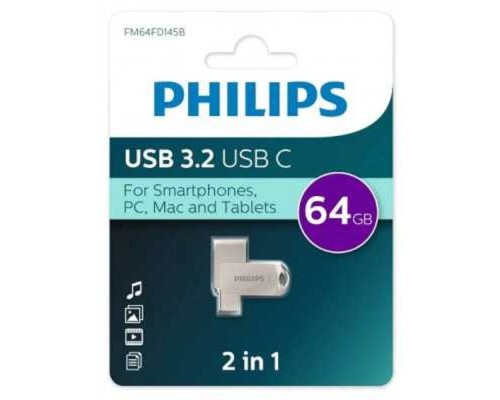 [Носитель информации] PHILIPS USB Drive 64Gb PHILIPS 2-in-1 USB 3.2 USB C, OTG, USB 3.2/Type-C, Металл, 100 MB/s