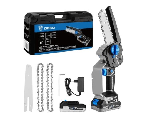 [Садовые пилы] DEKO DEKO DKCHS 20V Пила цепная аккумуляторная бесщеточная [083-2014] { 20В, 2x2.2Ач, 2 шины и 3 цепи в кейсе }