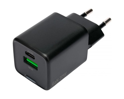 [Аксессуар] Cablexpert зарядное устройство 20Вт GaN, 3А, QC4.0/PD, 1xUSB, 1xType-C, черный, пакет (MP3A-PC-62)
