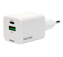 Cablexpert зарядное устройство 30Вт GaN, 3А, QC4.0/PD, 1xUSB, 1xType-C, белый, пакет (MP3A-PC-63)